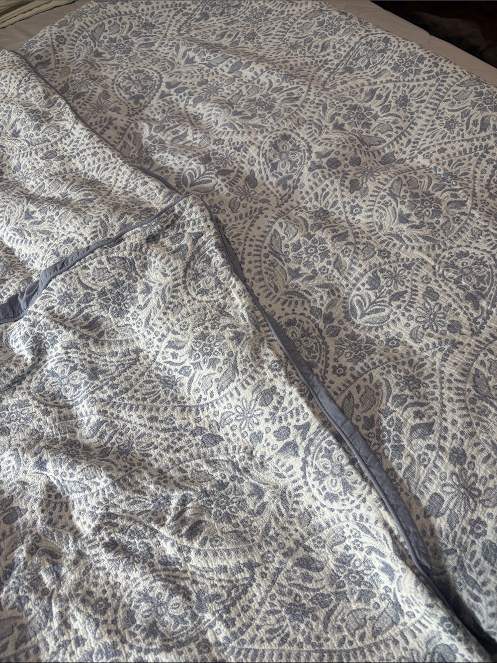 Tahari Slate Blue & Cream Paisley Quilted Coverlet